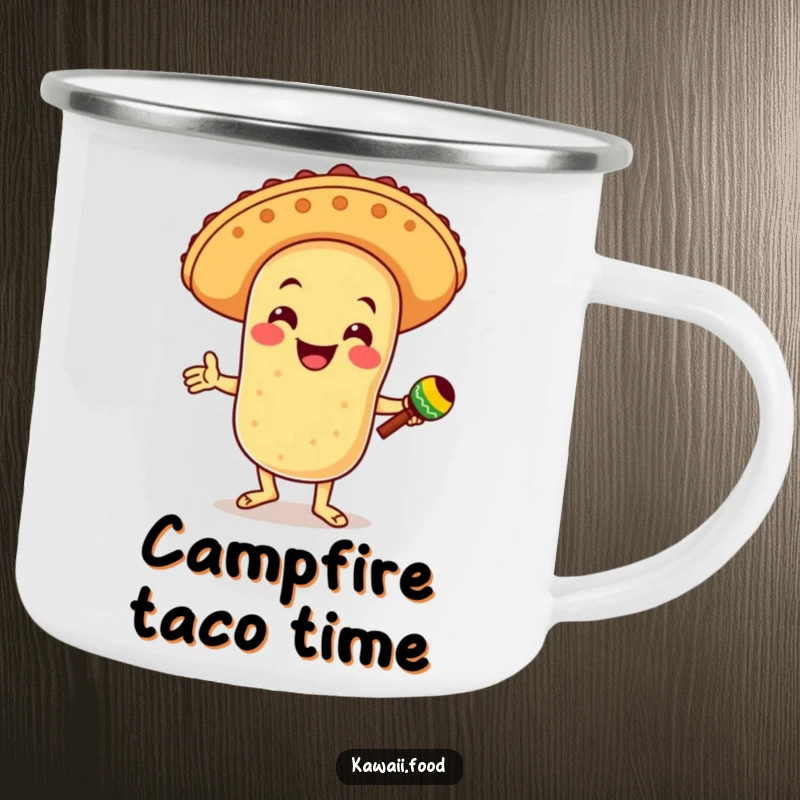 Funny camping mug with a smiling taco character in a sombrero, dancing with maracas, ideal for enjoying beverages during festive outdoor adventures.