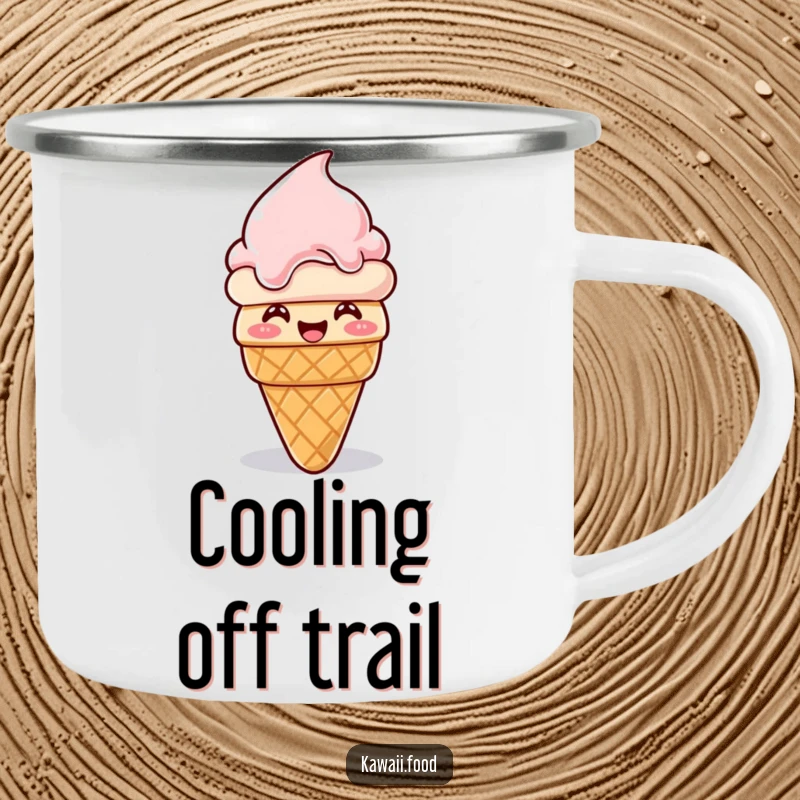 Funny ice cream cone camping mug, giggling and melting then reforming, ready for outdoor adventures with a humorous touch.
