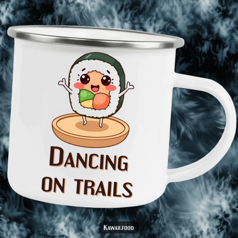 Funny sushi roll character with happy eyes dancing on a small wooden plate, perfect for outdoor fun on this humorous camping mug.