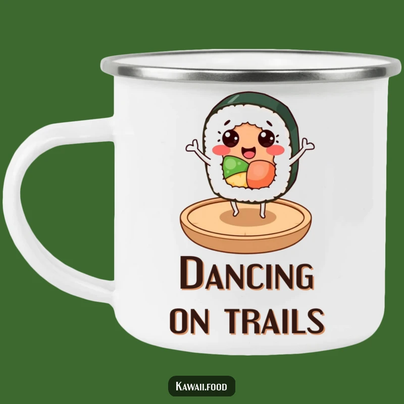 Funny Sushi Dancer Camping Mug: Cheerful Roll Character, Outdoor Humorous Gift