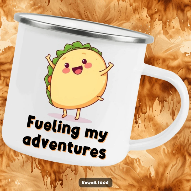 Funny camping mug depicting a happy taco with legs doing a cartwheel, perfect for outdoor drinks.