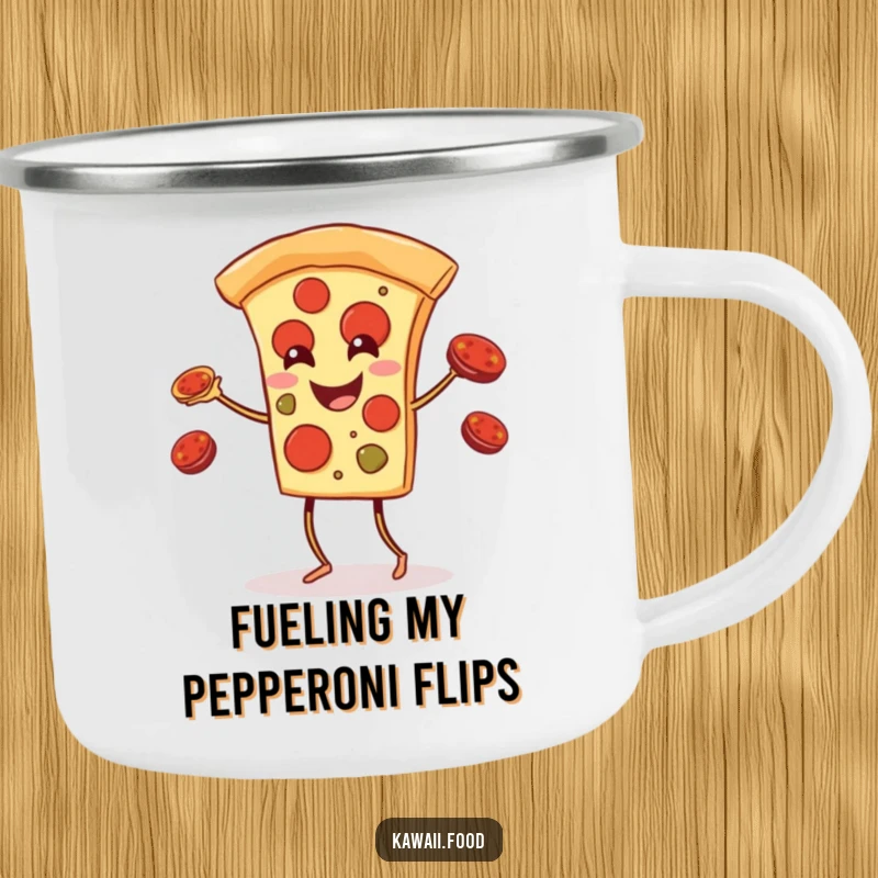 Funny pizza slice with legs juggling pepperoni toppings on a metal camping mug, designed for outdoor fun and laughter.