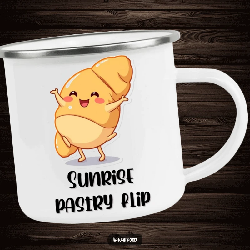 Funny Camping Mug: A happy croissant character performing a cartwheel, ideal for enjoying beverages outdoors with a humorous and delightful twist.