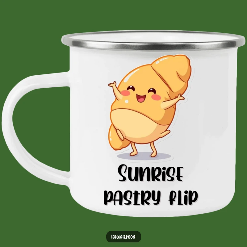Funny Croissant Cartwheel Camping Mug: Pastry Adventure, Hilarious Outdoor Gift!