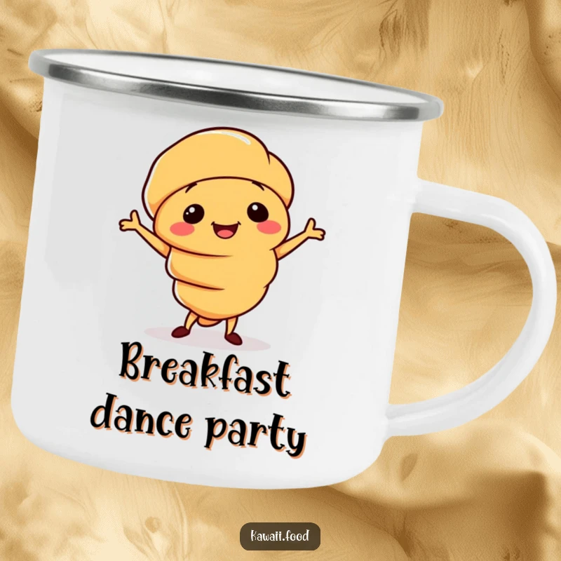 Funny camping mug with a smiling croissant character doing a silly little jig, great for enjoying morning coffee outdoors.
