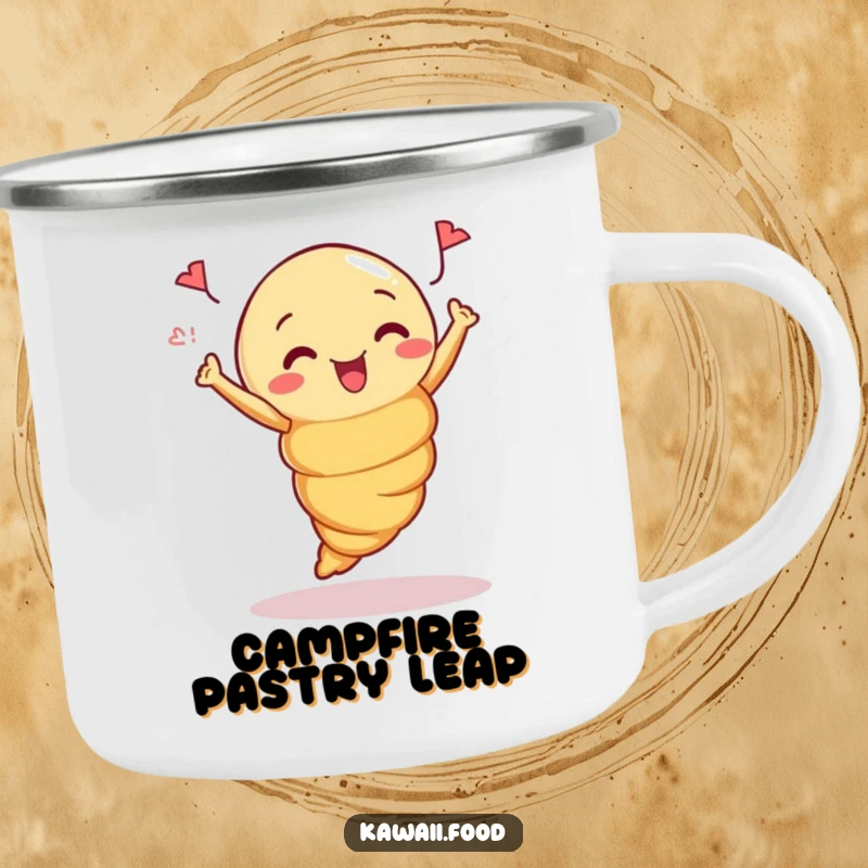 Funny Camping Mug: Durable cup with a curious croissant in a celebratory jump, ideal for outdoor enjoyment.