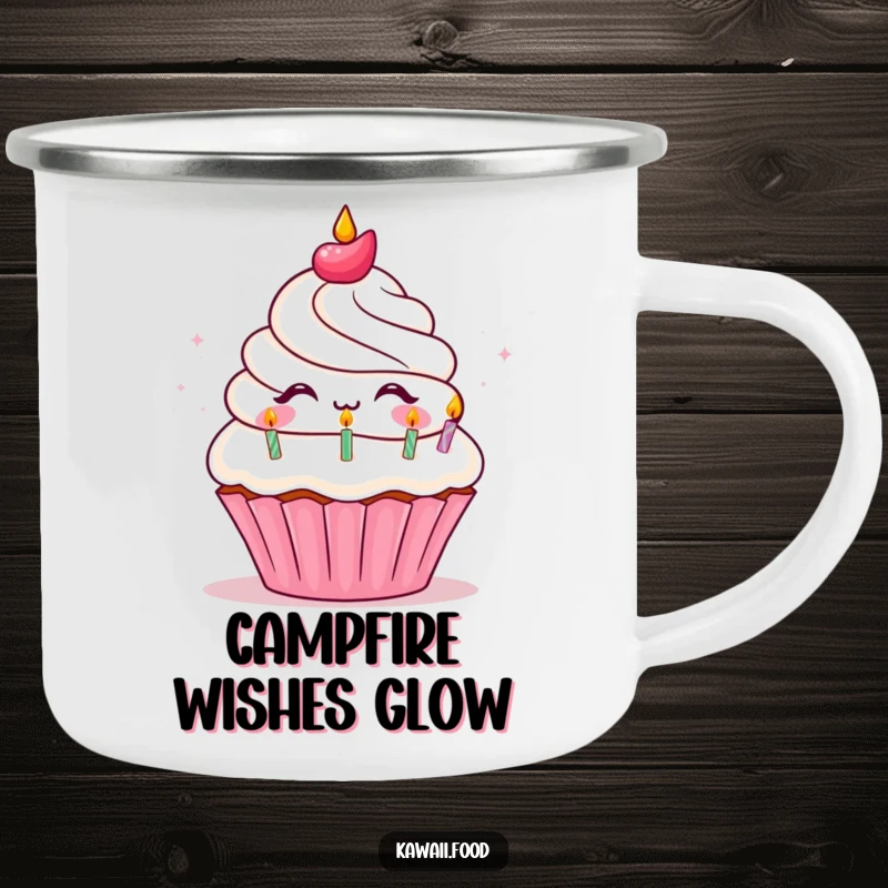 Funny Camping Mug featuring a beaming cupcake character extinguishing tiny birthday candles, ready for outdoor celebrations and good times.
