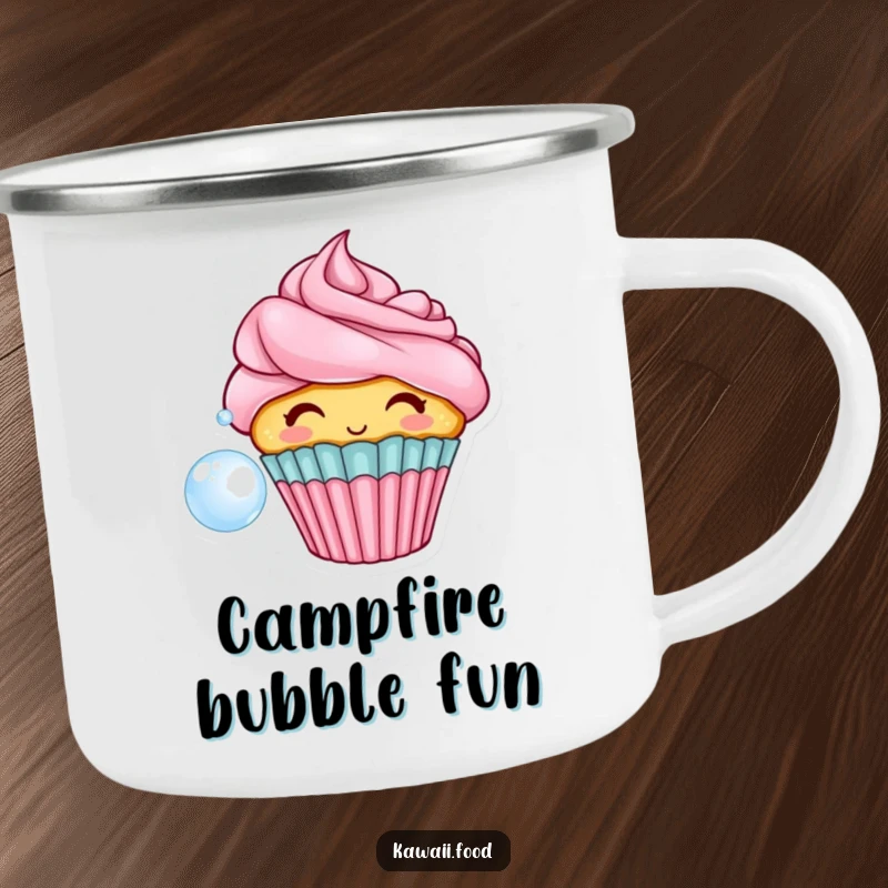 Funny camping mug with a cheerful cupcake character blowing a bubble, ideal for enjoying sweet beverages during delightful outdoor adventures.