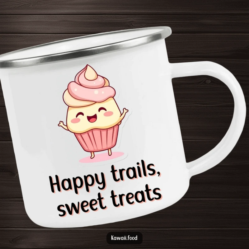 Funny camping mug showcasing a 'bouncing cupcake' character with wiggling frosting hair, ready for outdoor fun. Durable and cheerful.