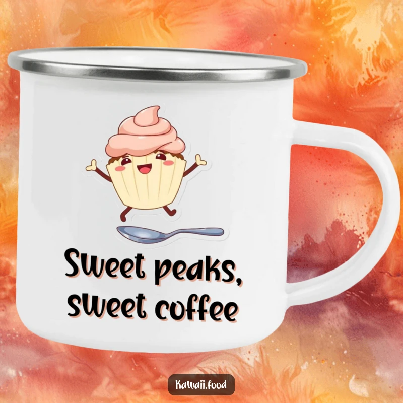Funny cheerful cupcake with legs leaping over a tiny spoon on a metal camping mug, perfect for outdoor sweetness and humor.