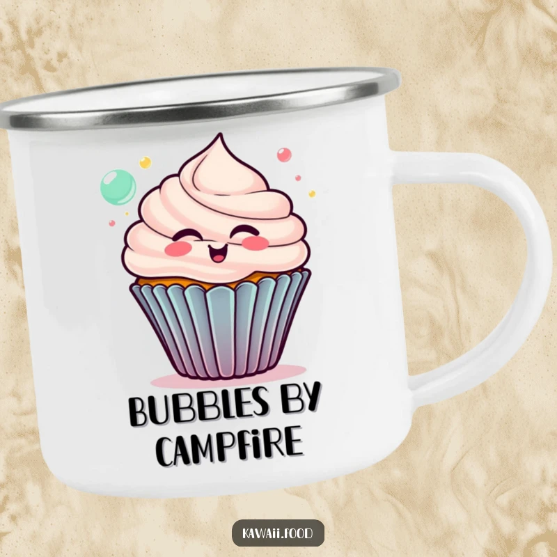 Funny cupcake camping mug, delighted character blowing colorful bubbles, ready for outdoor fun with a humorous and sweet touch.
