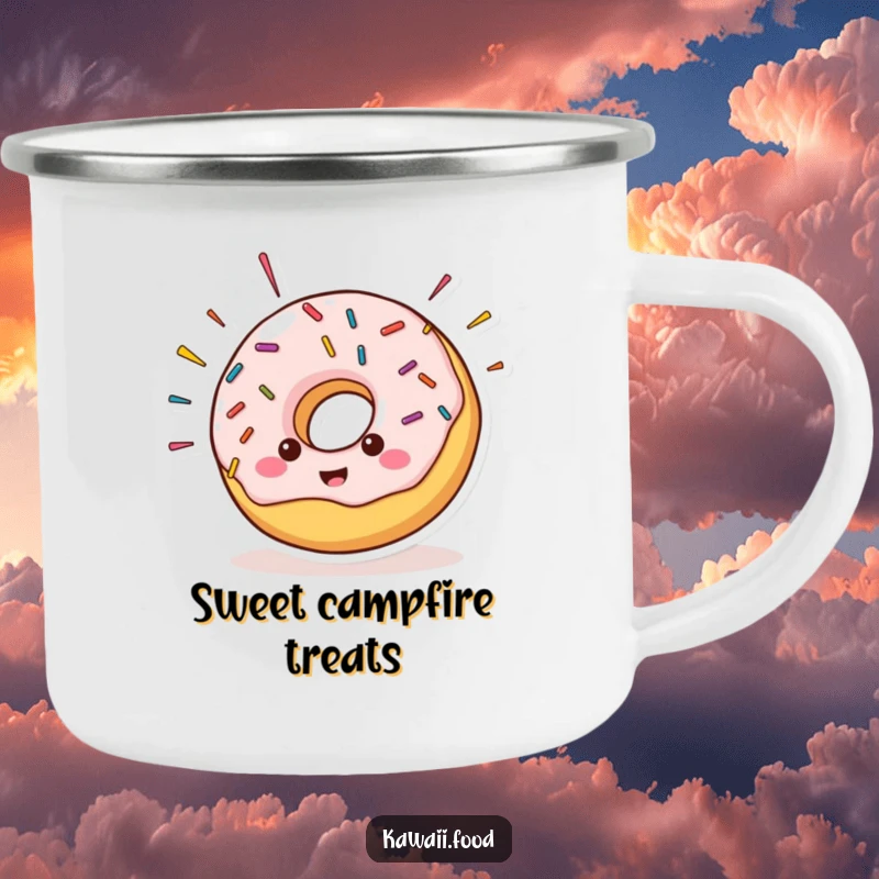 Cheerful donut character with sprinkles flying off its sides, on a durable camping mug for rugged, humorous enjoyment.