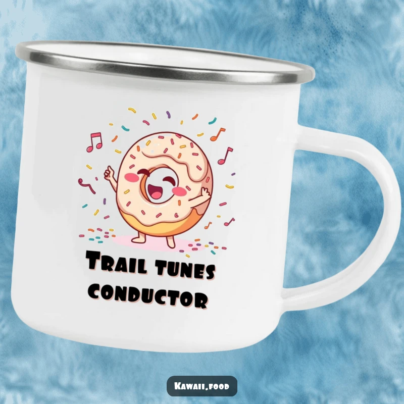 Funny camping mug with a giggling donut character leading a sprinkle orchestra, durable and perfect for outdoor adventures.