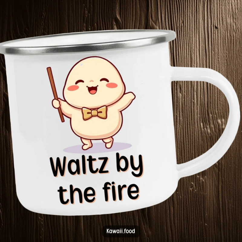 Funny happy dumpling character wearing a bow tie, waltzing with a chopstick, perfect for outdoor fun on this humorous camping mug.