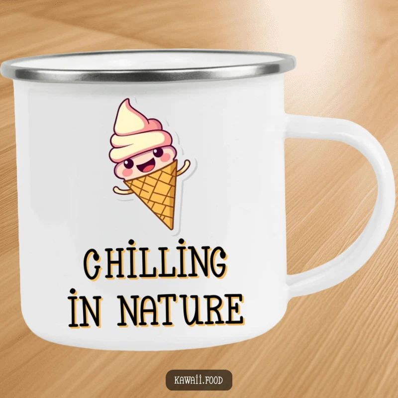 Funny camping mug with a cheerful ice cream cone character spinning happily. Durable and ready for outdoor fun.