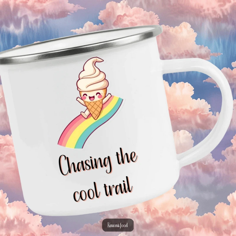 Funny Ice Cream Cone Camping Mug with a happy ice cream character gleefully sliding down a rainbow, perfect for outdoor enjoyment.