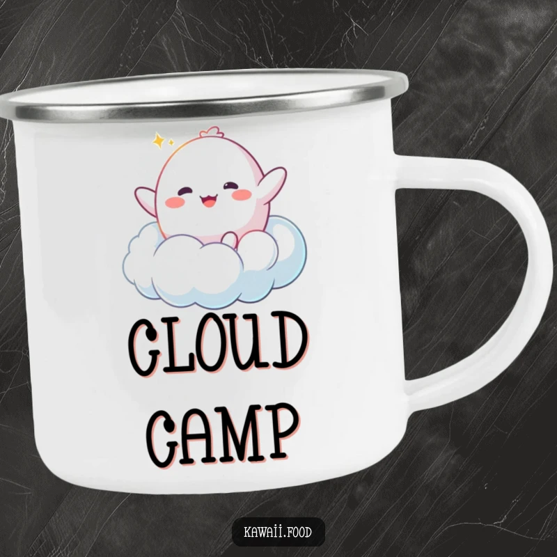Funny Mochi Cloud Camping Mug: A happy mochi character bouncing enthusiastically on a fluffy cloud, durable and dreamily humorous for outdoor use.