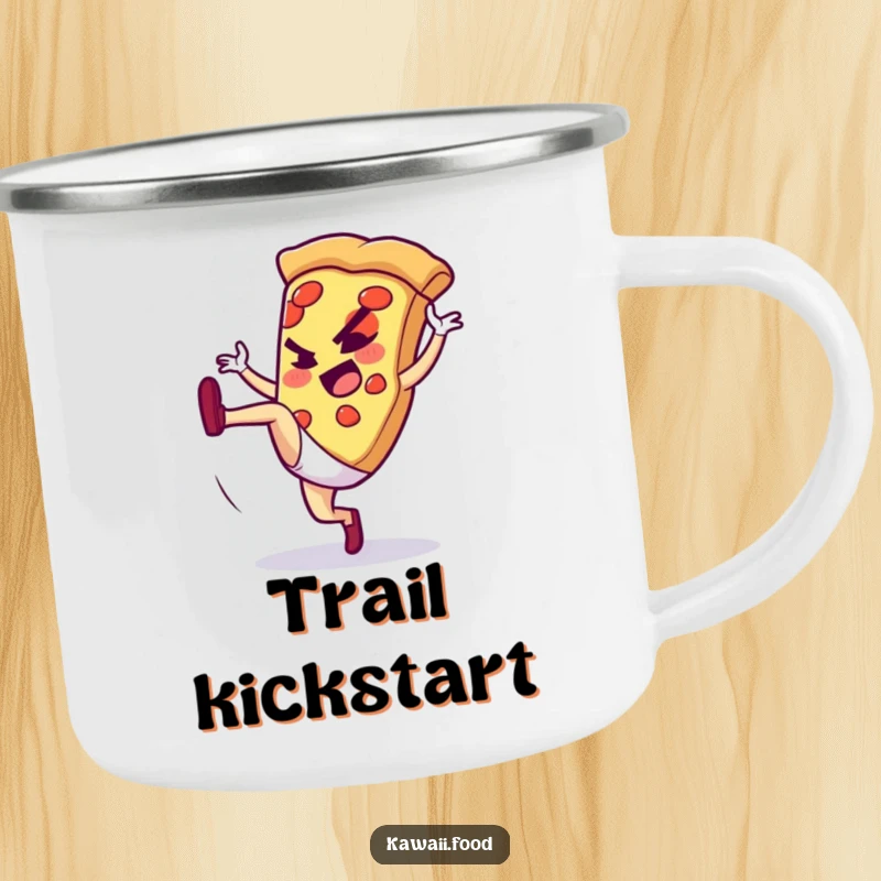 Funny camping mug featuring a pizza slice doing a high kick, great for outdoor adventures and adding energy and humor.