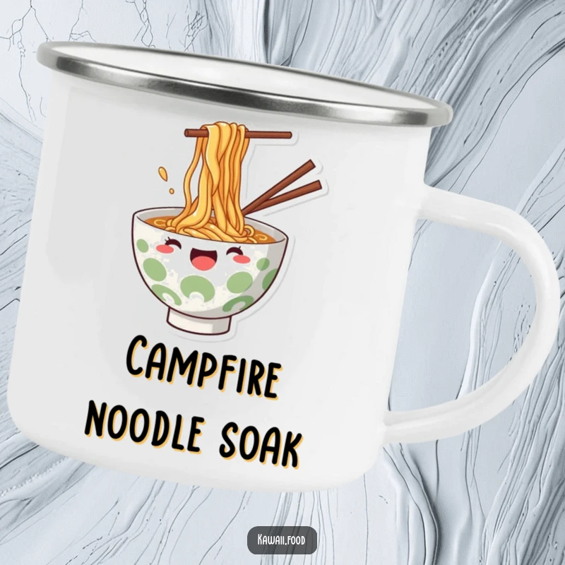 Funny Camping Mug: Durable cup with a ramen bowl joyfully splashing noodles, great for outdoor enthusiasts.