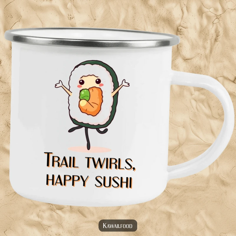 Durable funny cheerful sushi roll performing a pirouette, on a camping mug, ready for elegant outdoor enjoyment.