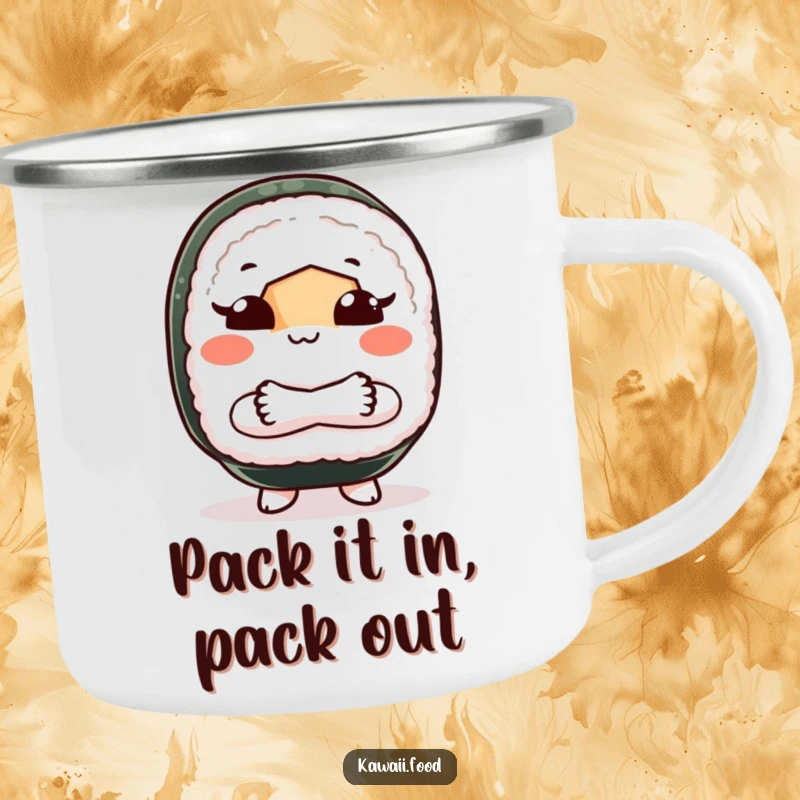 Funny camping mug with a sushi roll character giving a playful ‘shoo’ gesture, ideal for enjoying drinks with sassy protection outdoors.