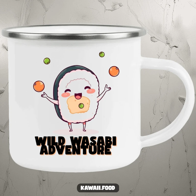 Funny camping mug illustration of a cute sushi character juggling small wasabi balls, bringing playful humor to outdoor settings.