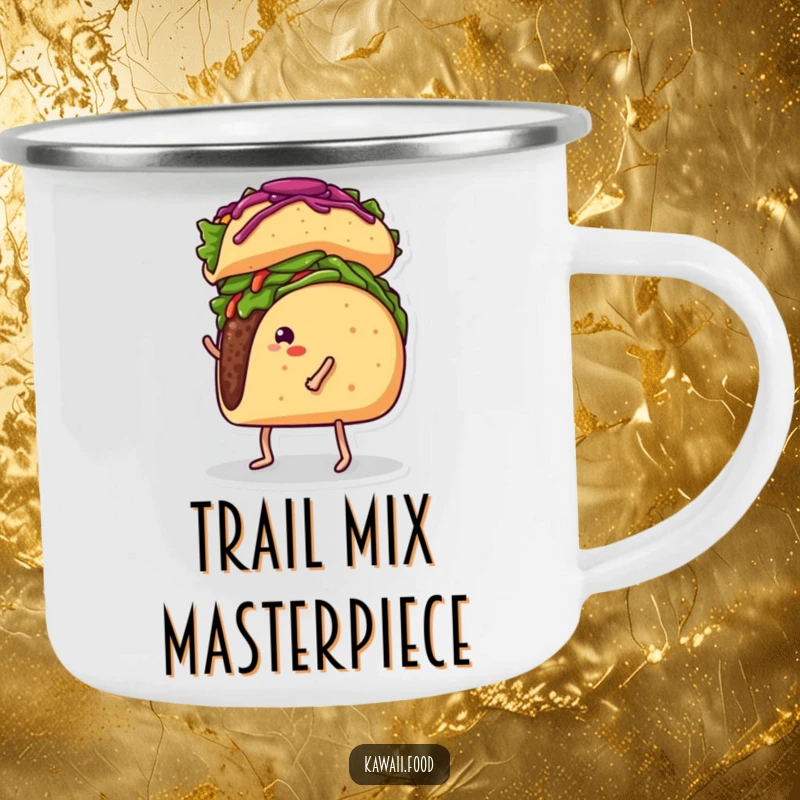 Funny enamel camping mug featuring a taco with legs attempting to balance a burrito on its head, perfect for outdoor dining.