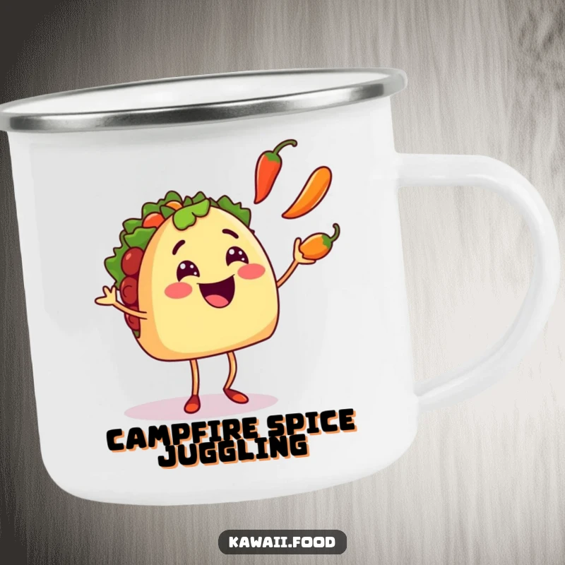 Funny smiling taco character with tiny legs juggling chili peppers, perfect for outdoor fun on this humorous camping mug.