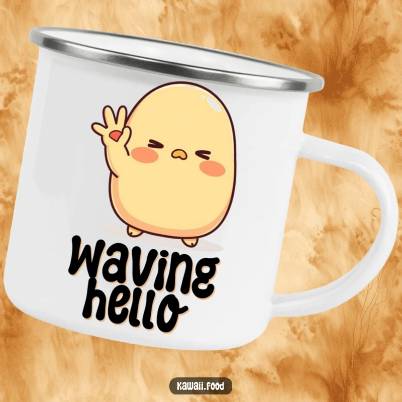 Funny Tamagoyaki Wink Camping Mug: A blushing tamagoyaki character waves shyly with a cute wink, durable and sweetly humorous for outdoor use.