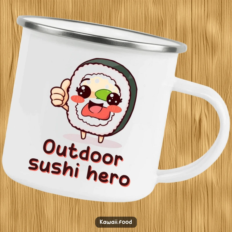 Funny sushi roll character camping mug giving a proud thumbs up, delicious outdoor humor, a perfect funny gift.