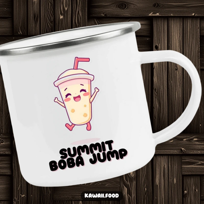 Funny camping mug showing a vibrant bubble tea character in a joyful jump, ideal for outdoor enthusiasts who enjoy a bubbly laugh.
