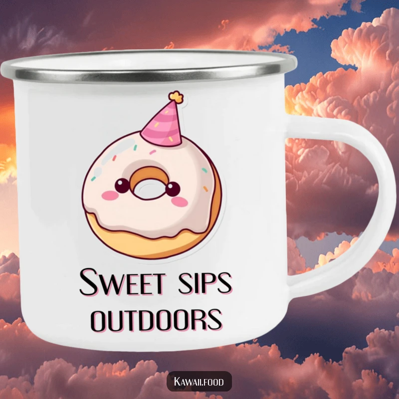 Funny donut character camping mug with a tiny party hat, sweet and festive for outdoor fun, a perfect funny gift.
