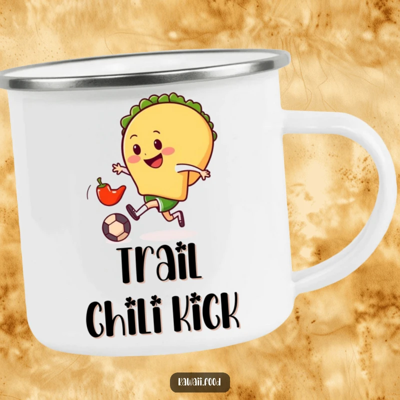 Funny camping mug featuring a smiling taco gleefully kicking a tiny chili pepper soccer ball, perfect for outdoor foodie fun.