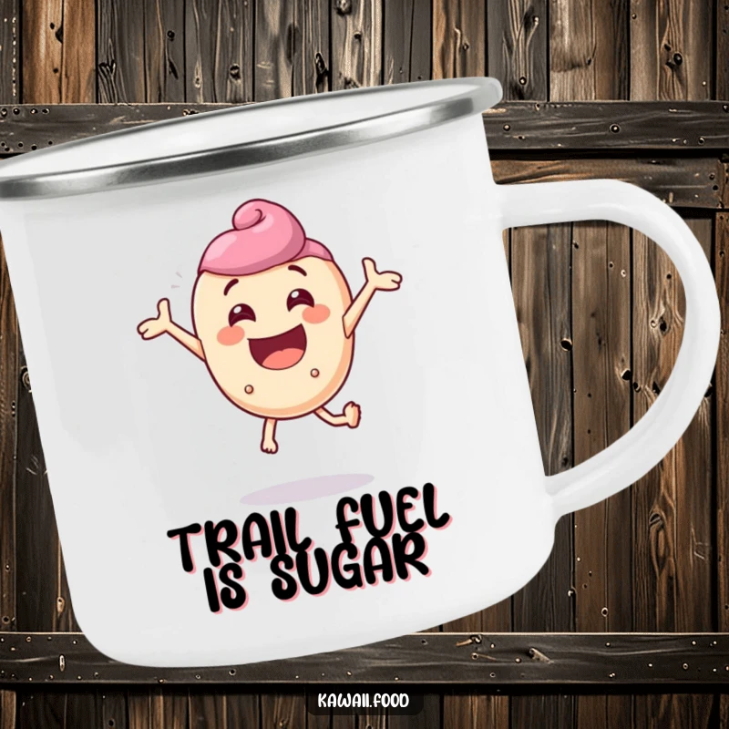 Funny camping mug with a delighted candy character comically bouncing with extreme enthusiasm, perfect for cheerful outdoor drinks.