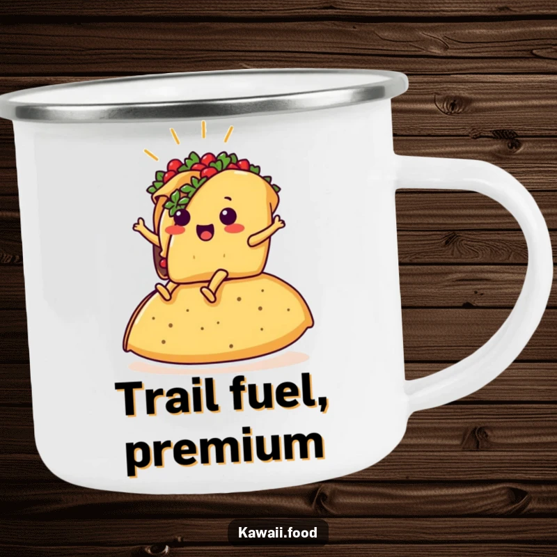 Funny camping mug featuring a taco with legs riding a large tortilla, great for campfire stories and laughter.