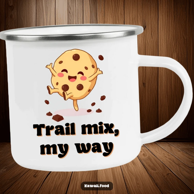 Funny Cookie Cartwheel Camping Mug with a giggling cookie character doing a cartwheel, chips scattering, perfect for outdoor fun.