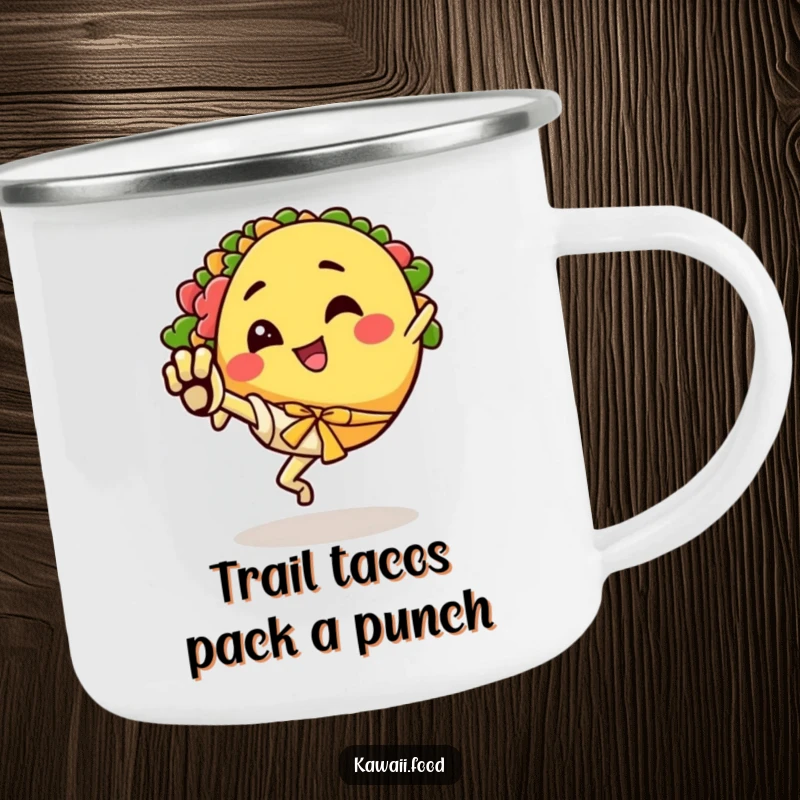 Funny camping mug showing a happy taco character doing an energetic karate kick, ready for any trail.