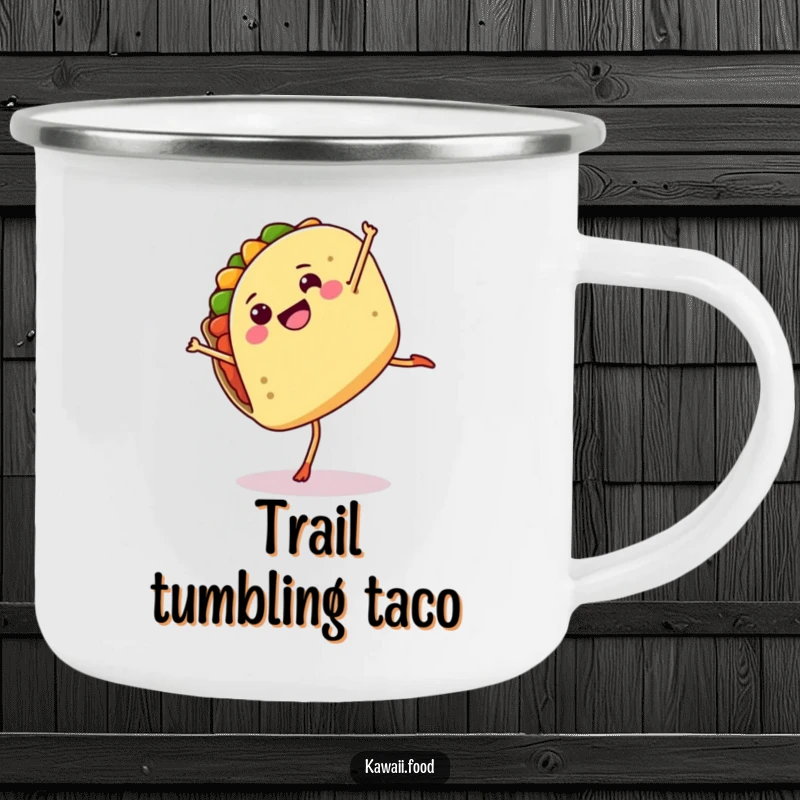 Funny camping mug featuring a happy taco doing a cartwheel, ready for outdoor adventures and good times.