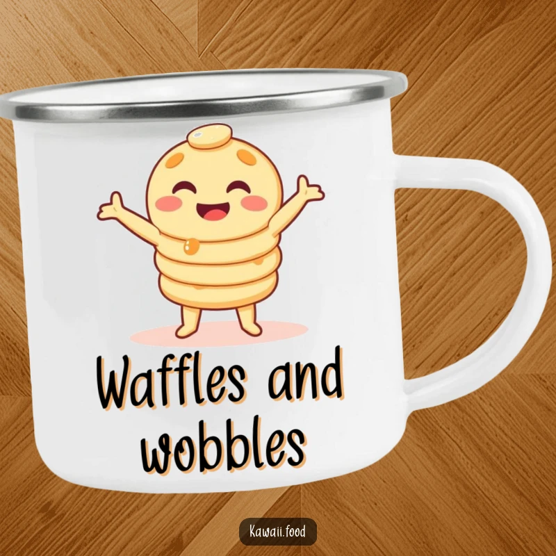 Funny pancake stack camping mug doing a silly wobble dance, rugged humor for the outdoors, a perfect funny gift.