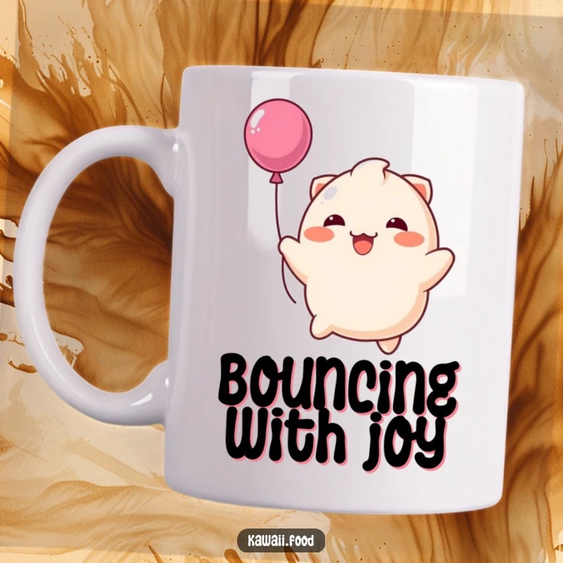 Funny mug showing a happy dumpling character joyfully bouncing like a balloon, embodying playful delight and cheerful energy.