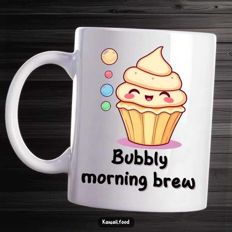 Funny mug featuring a delighted cupcake character joyfully blowing small, colorful bubbles, exuding pure happiness.