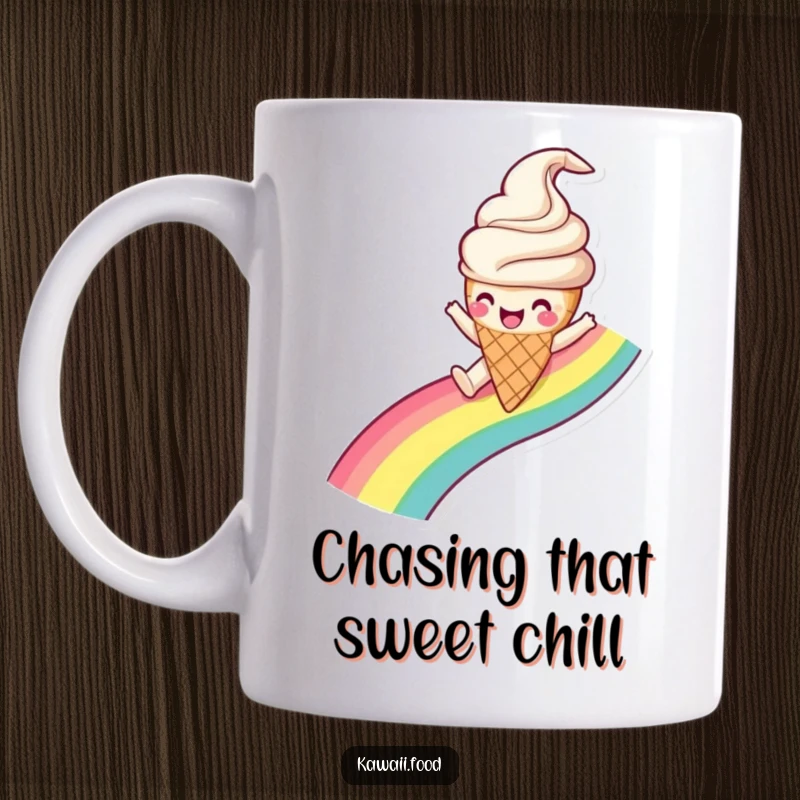 Funny Ice Cream Cone Mug illustration of a gleeful ice cream character joyfully sliding down a vibrant rainbow, a perfect sweet gift.
