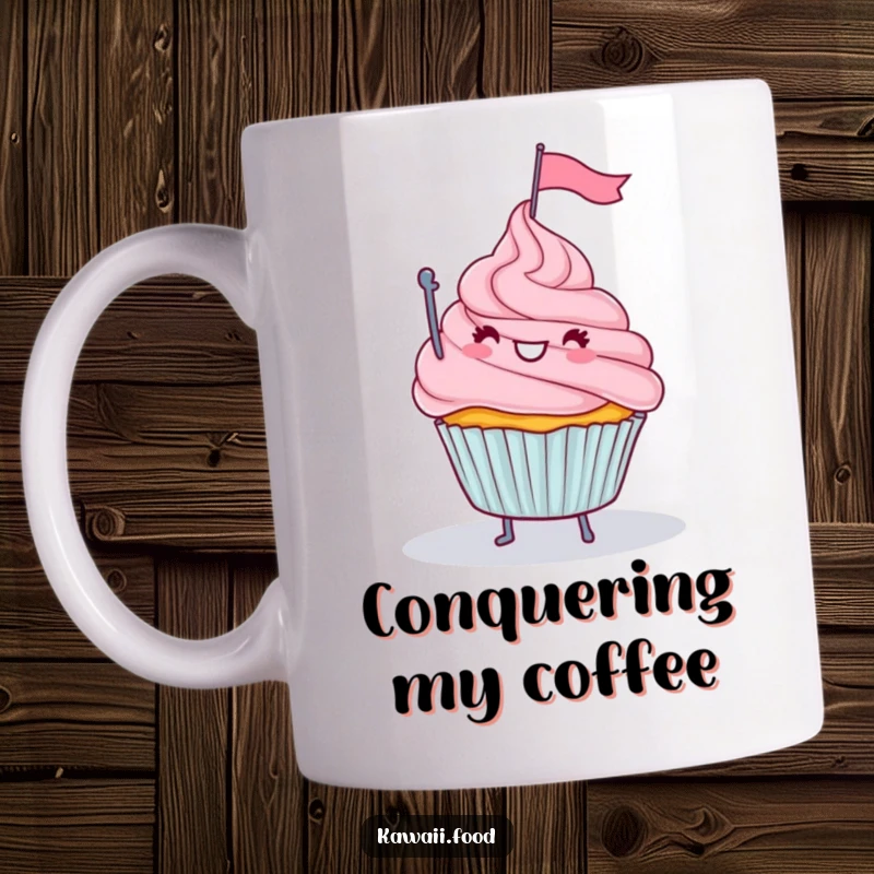 Funny mug showing a happy cupcake with legs waving a tiny flag from the peak of a frosting mountain, symbolizing sweet victory.