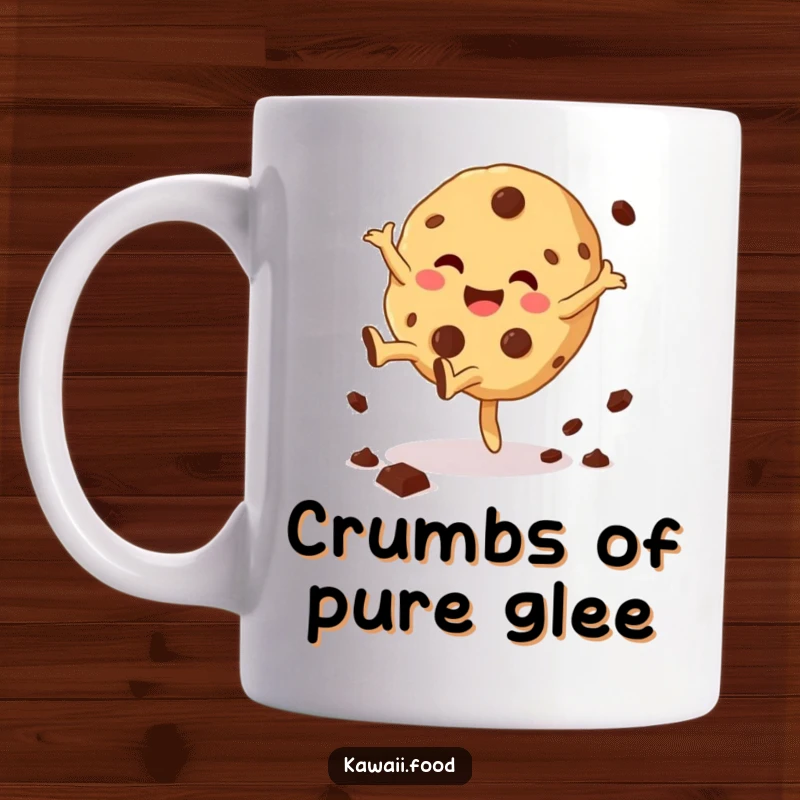 Funny Cookie Cartwheel Mug graphic of a giggling cookie character doing a cartwheel, chocolate chips scattering amusingly, a delightful gift.