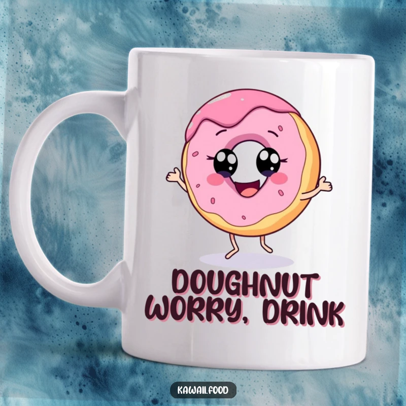 Funny mug featuring a cheerful donut character with expressive eyes doing a lively dance, radiating happiness.