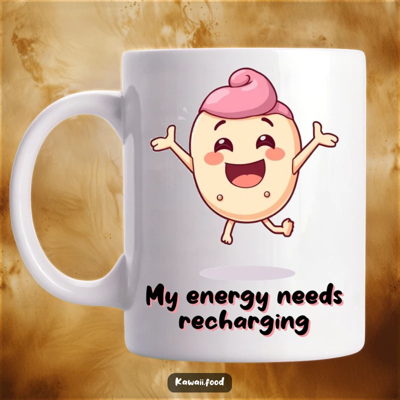 Funny mug with a delighted candy character comically bouncing with extreme enthusiasm, full of sugary cheer.