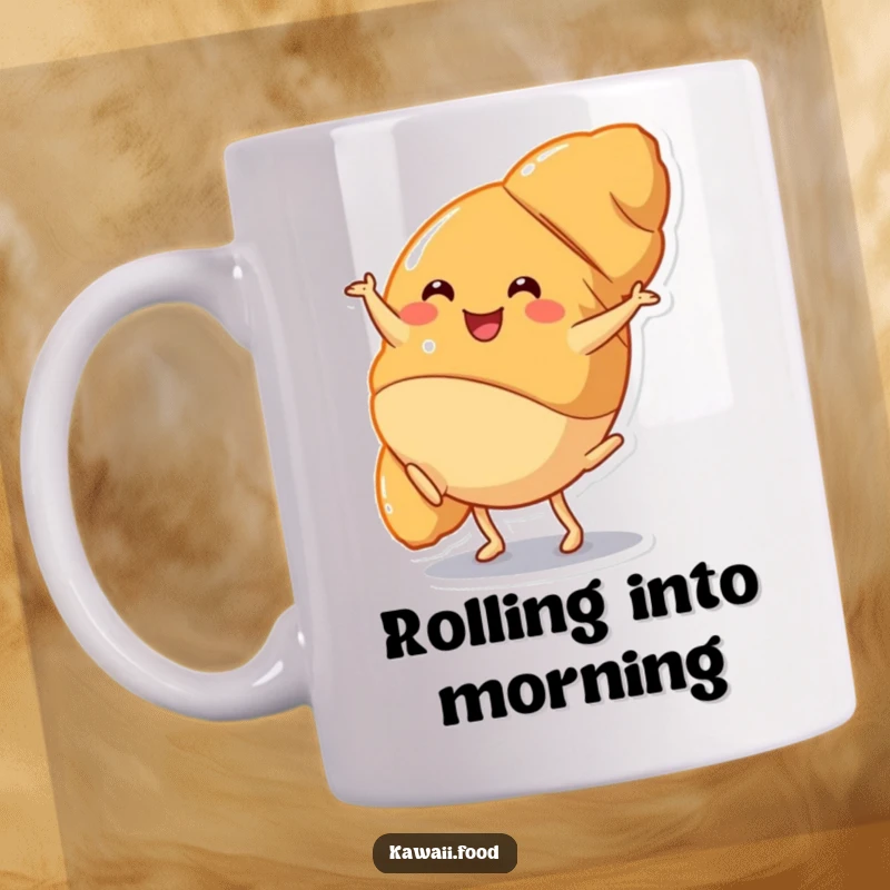 Funny Mug: A happy croissant character performing a cartwheel with enthusiasm, radiating pure joy and a love for energetic activity.