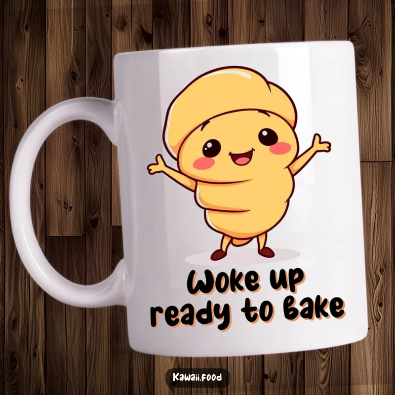 Funny mug with a smiling croissant character doing a silly little jig, bringing baked goods humor and cheer.