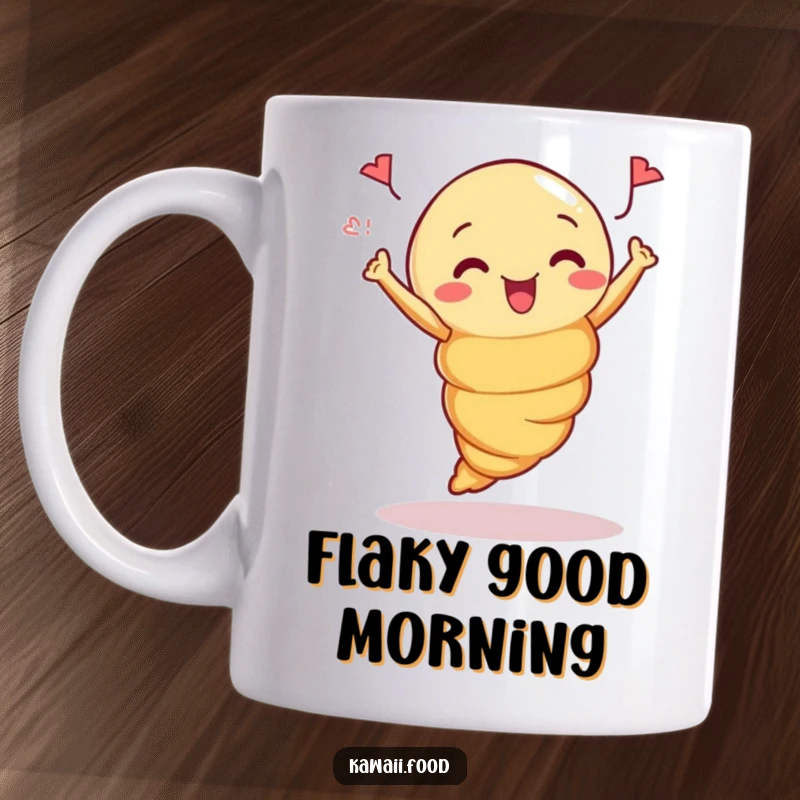 Funny Mug: Curious croissant in mid-air doing a celebratory jump, conveying happiness and a love for pastries.