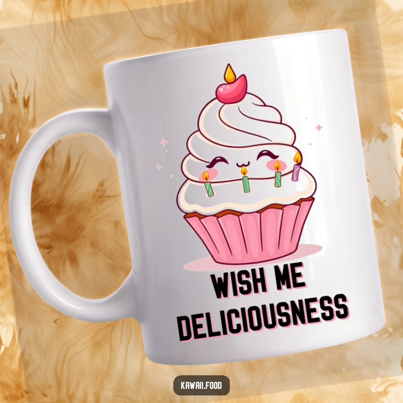 Funny Mug showcasing a cheerful cupcake character with a big smile, enthusiastically blowing out small birthday candles, embodying pure joy and celebration.
